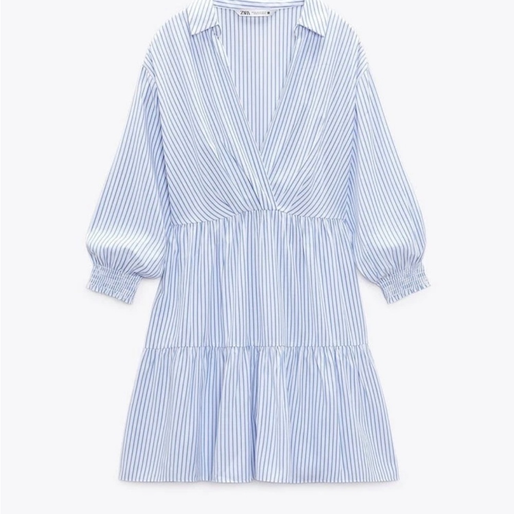 Zara Light Blue Striped Tiered Long Sleeve Mini Dress (worn once)